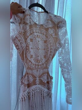 Boho Lace Fringe Long-Sleeve Top - White on Nude